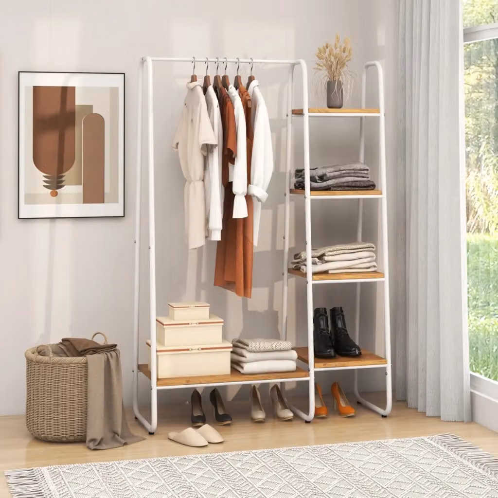 Scaffale appendiabiti moderno in metallo e MDF con ripiani, appendino aperto per camera da letto o soggiorno, L: 150 cm, P: 40 cm, H: 150 cm – 2