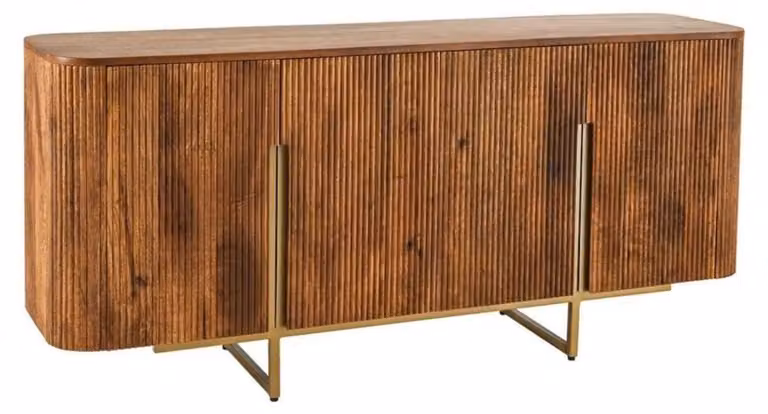 Credenza ORION, 160 cm, in legno massello di mango, con 4 ante a listelli e gambe dorate