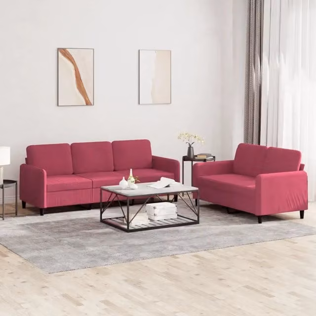 Set di divani vidaXL in velluto rosso composto da un divano a 2 posti e un divano a 3 posti con cuscini inclusi – 1
