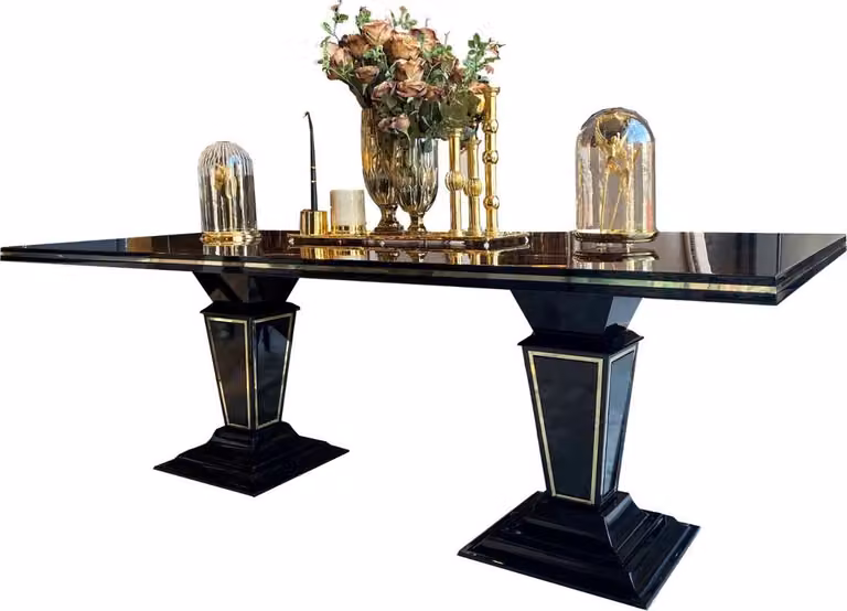 Casa Padrino tavolo da pranzo Art Deco marrone scuro / nero / oro 220 x 110 x h. 76 cm - Elegante tavolo da pranzo con piano in vetro - Mobili da sala da pranzo Art Deco