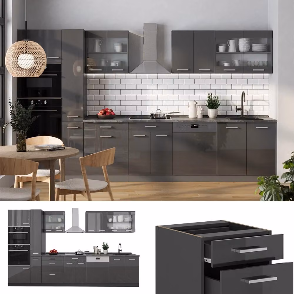 Cucina completa R-Line Vicco Antracite lucido e Rovere, L: 350 cm – 2