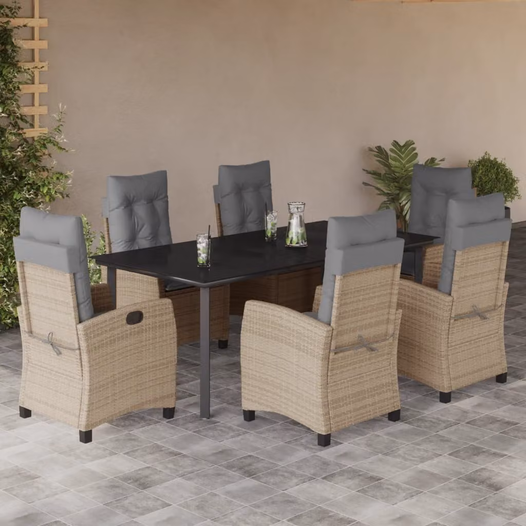 Set Pranzo da Giardino vidaXL in Polyrattan con Cuscini Beige Misto e Piano in Vetro, 7 Pezzi – 1