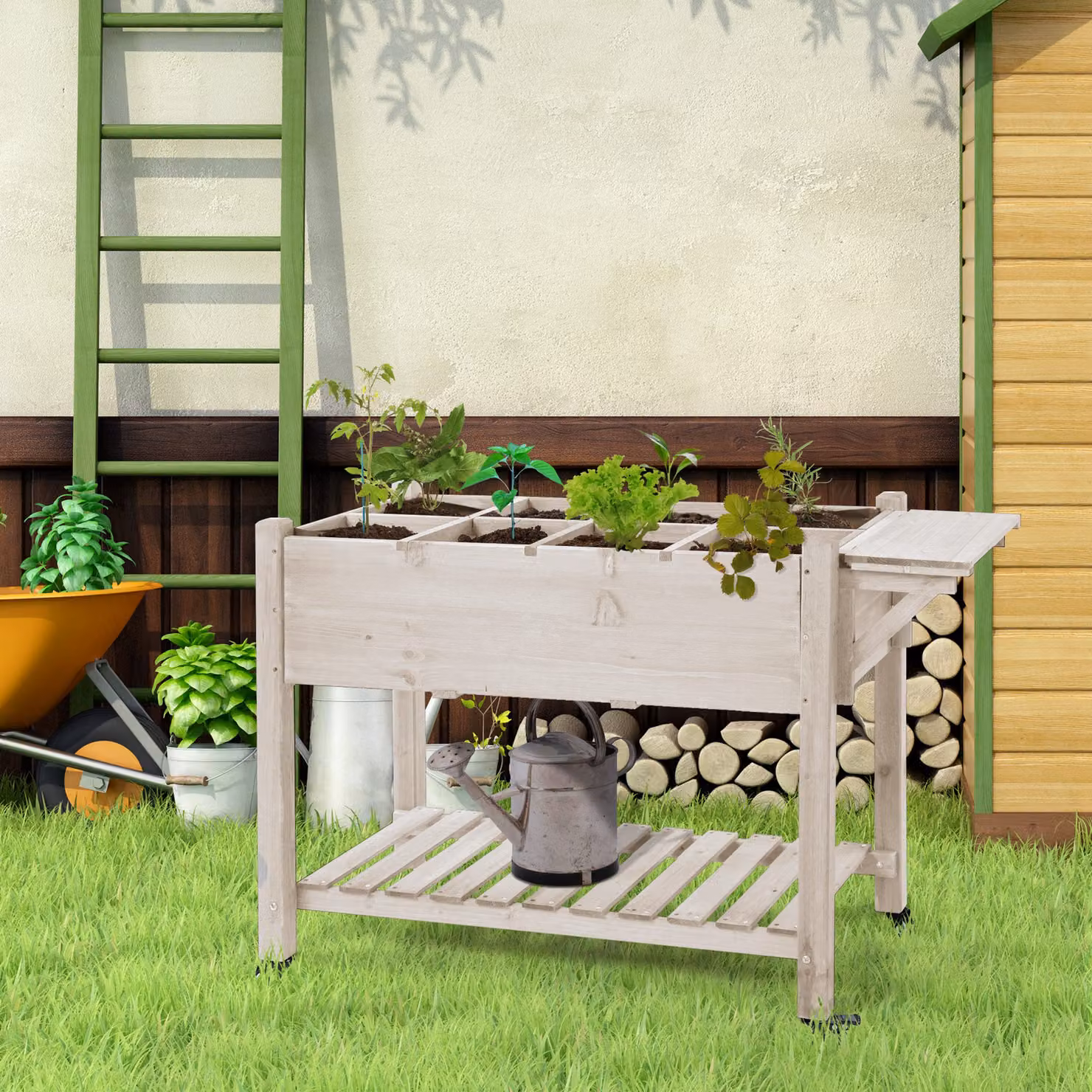 Fioriera da esterno Outsunny a 8 sezioni con ripiano laterale e mensola in legno di abete marrone, L: 123 cm, P: 54 cm, H: 87 cm – 2