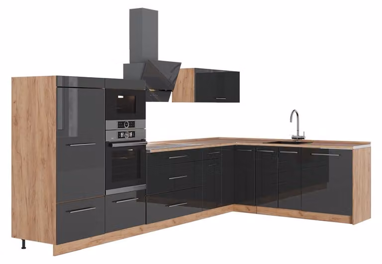 Cucina angolare completa Vicco Fame-Line Antracite lucido/Rovere dorato 347 x 207 cm, PL Rovere, Model 63594