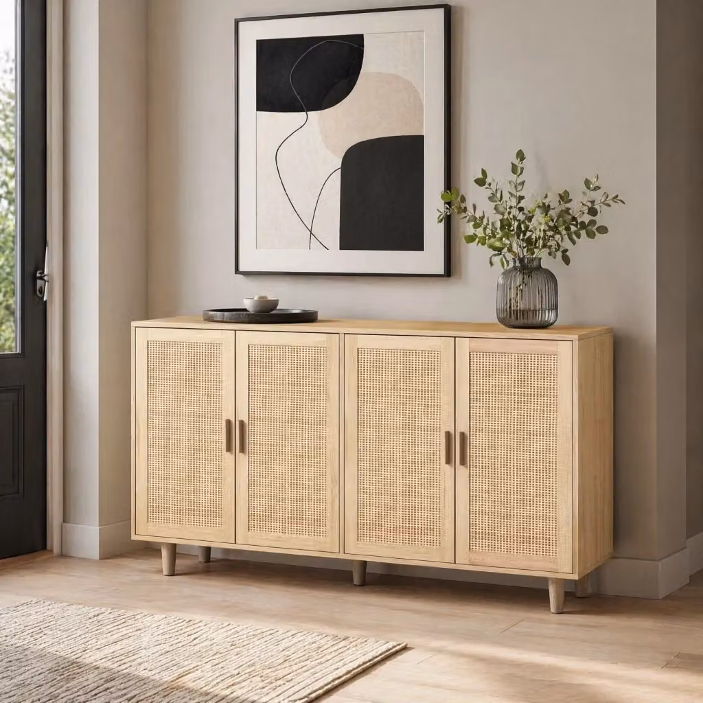 Credenza a 4 ante con frontali in rattan e gambe in legno, beige, L: 158 cm, P: 40 cm, H: 88 cm – 2