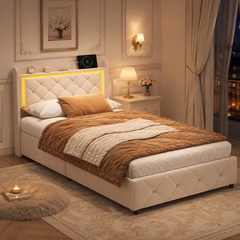 Letto imbottito INONEFT 90x200 cm con LED, prese USB e di tipo C, letto a molle con sistema idraulico e spazio contenitore, letto singolo per giovani con rete a doghe e contenitore, rivestito in velluto color beige