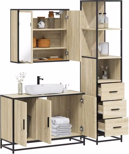 Set di mobili da bagno industrial vidaXL in legno e metallo beige composto da armadietto con specchio, mobile lavabo e colonna alta