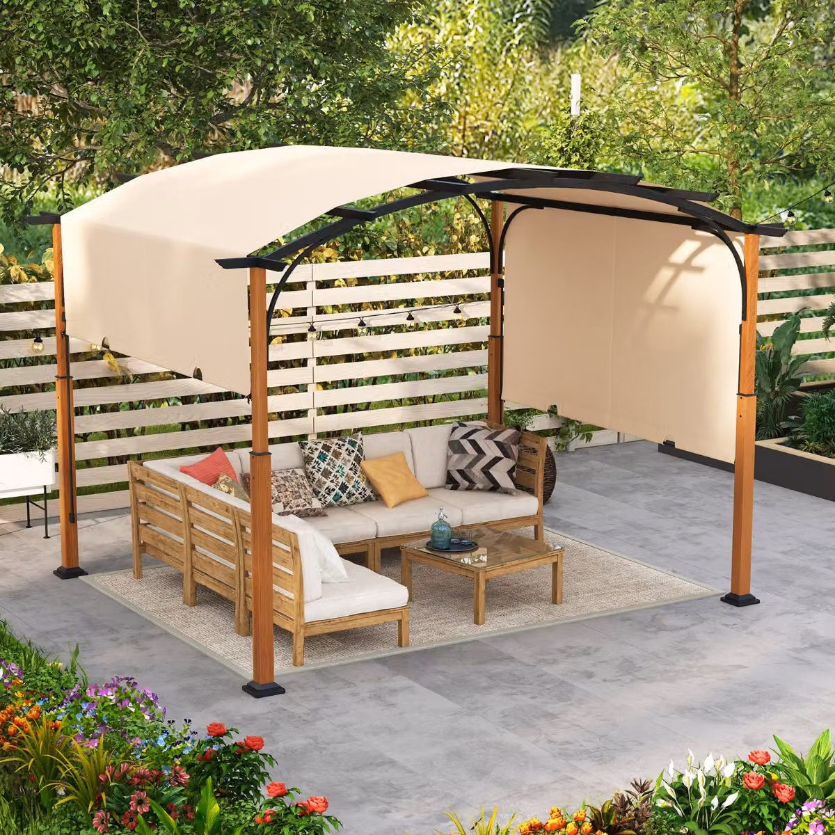 Pergola da esterno Costway con telaio curvo in metallo e tettuccio retrattile in poliestere, L: 360 cm, P: 300 cm, H: 260 cm, Beige o Grigio – 2