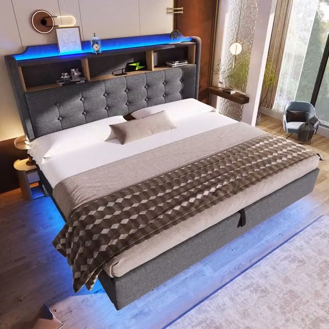 Letto contenitore Mivray in lino grigio con vano idraulico, illuminazione LED multicolore e porte USB e Type-C, L/P: 180 x 200 cm – 1