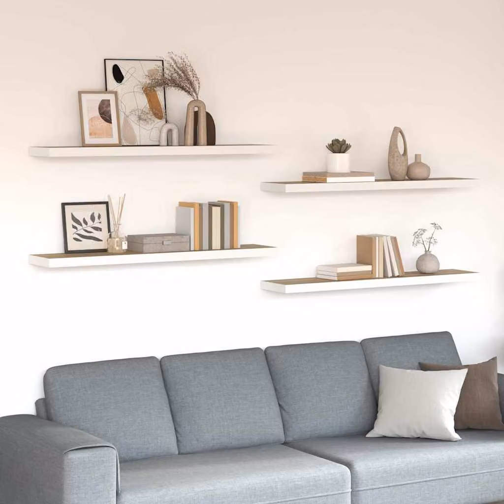 Set di 4 scaffali a parete vidaXL in MDF, colore rovere e bianco, L 120 cm x P 23,5 cm x H 3,8 cm