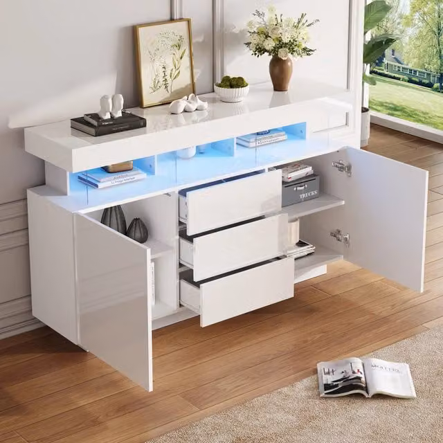 Credenza con 3 cassetti LED 16 colori e vani aperti in pannello truciolare e acrilico bianco 140 × 35 × 80 cm