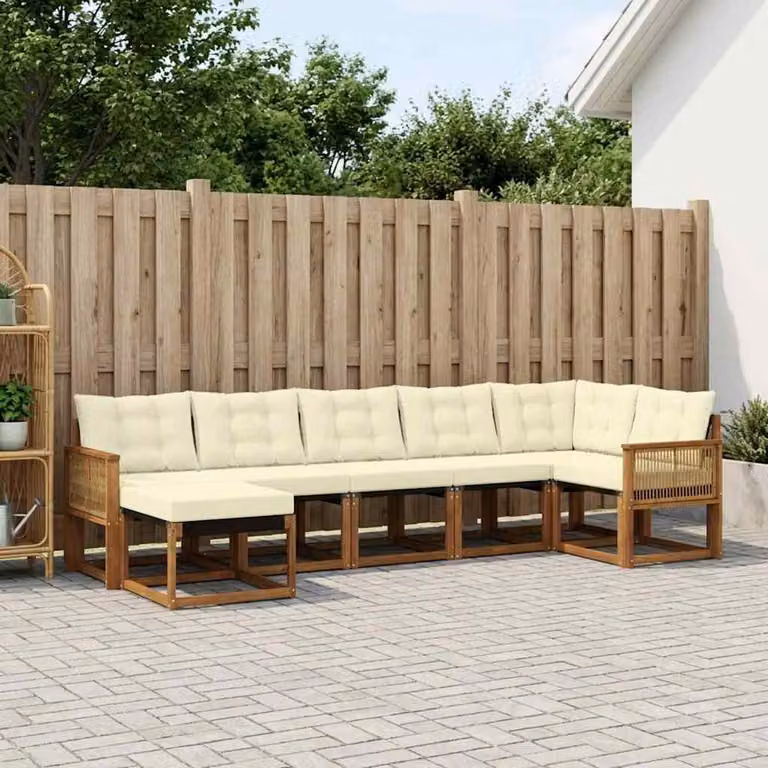 Set di divani da esterno vidaXL a forma di L composto da 7 pezzi in legno di acacia con cuscini beige e marrone