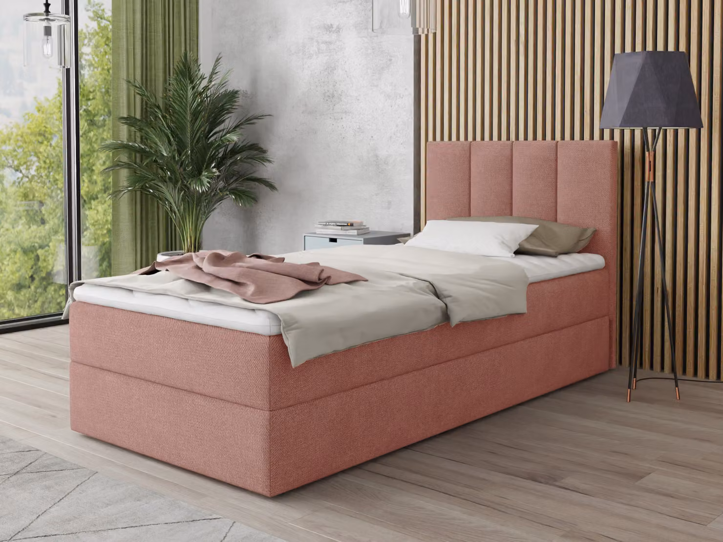 Letto boxspring Star Mini con contenitore, materasso Bonell e topper - Letto singolo con topper, letto imbottito, letto, camera da letto, camera dei ragazzi (Rosa (Kronos 29), 100 x 200 cm)