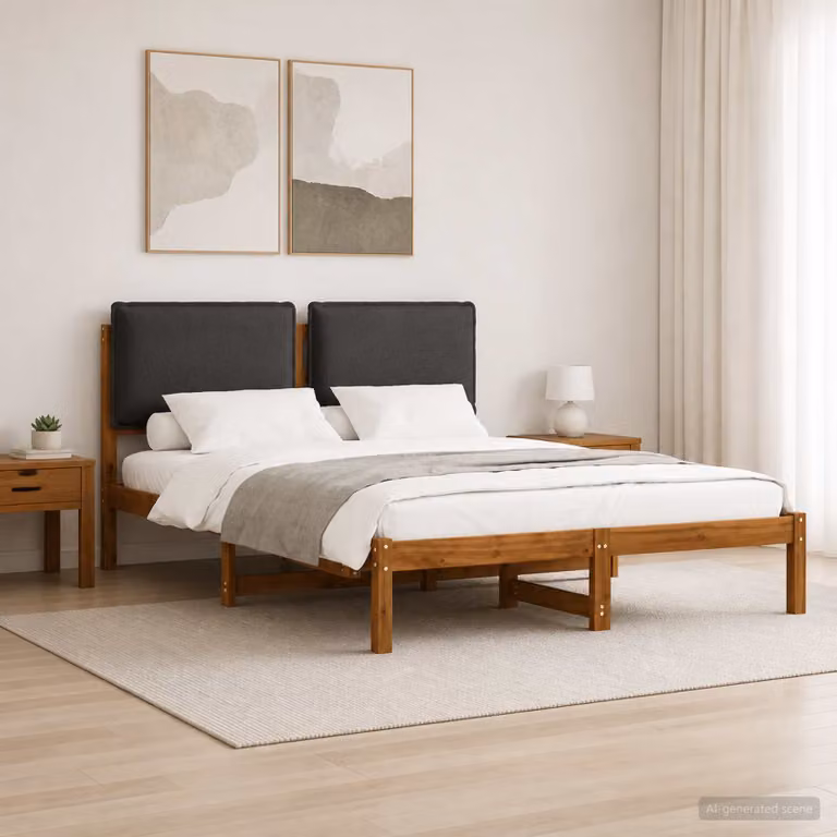 Letto con Testiera Rivestita vidaXL in Legno di Acacia Naturale e Grigio Scuro L/P/H: 150 x 200 x 85 cm