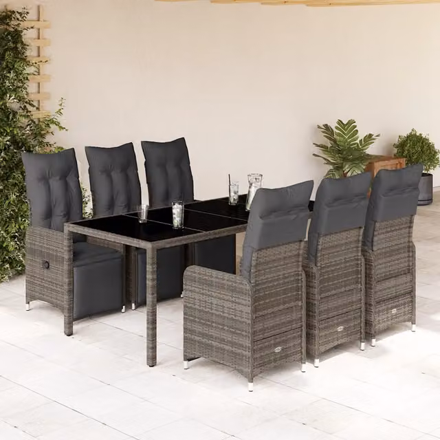 Set Bistrò da Giardino vidaXL in Polyrattan Grigio con Cuscini e Tavolo in Vetro, 7 Pezzi