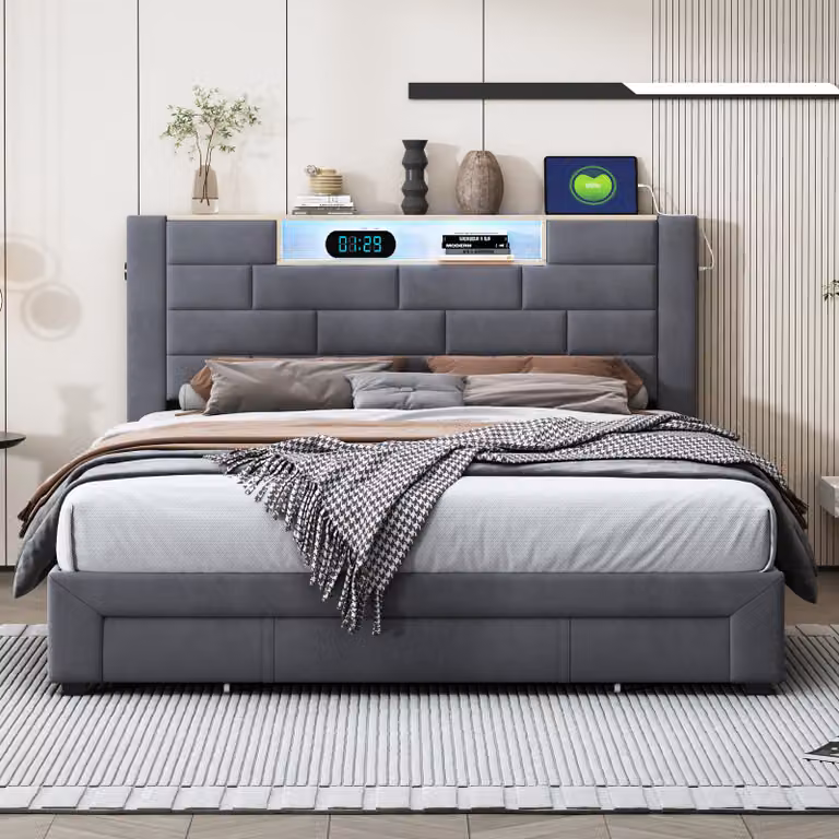 Letto imbottito con contenitore 160x200 cm, striscia luminosa a LED e connessione per la ricarica, 3 cassetti, velluto, grigio, design moderno, ideale per camere da letto, funzionale e confortevole