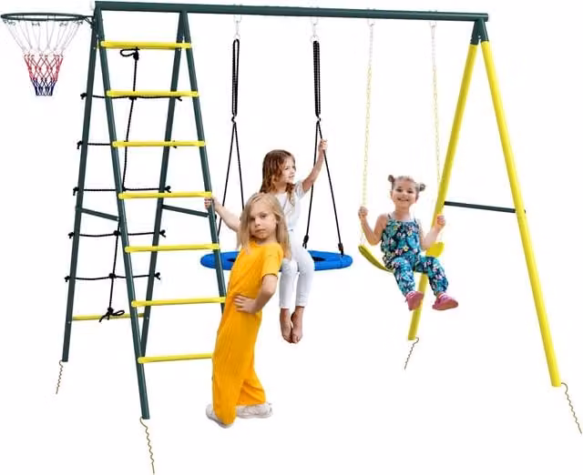 Altalena da Giardino con Scalette e Canestro ¨C Xylo ¨C Set Rotonda Acciaio per Bambini 3-8 Anni