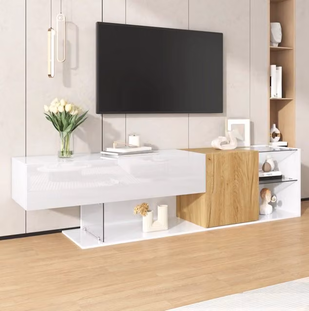 Mobile TV moderno 180 cm bianco e naturale con ripiani in vetro temperato e spazio contenitivo