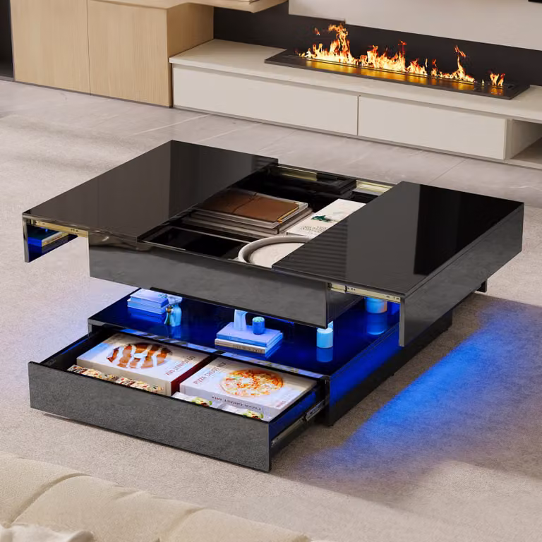UnboxG Tavolino da salotto 78×78×43 cm Nero, lucido Quadrato, allungabile con cassetto e spazio contenitivo, luce d'atmosfera a LED tramite app, soggiorno, tavolino, design moderno e multifunzionale