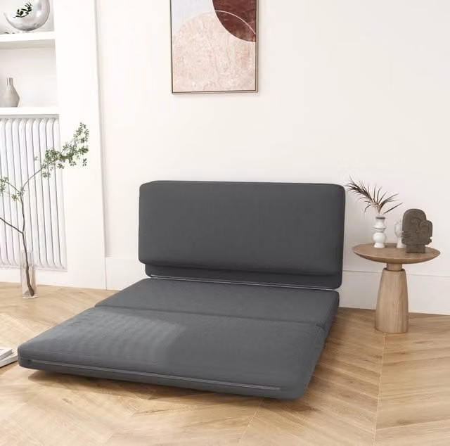 Divano da pavimento pieghevole ULEVR 3 in 1, 138 cm, poltrona relax e materasso, effetto velluto grigio scuro