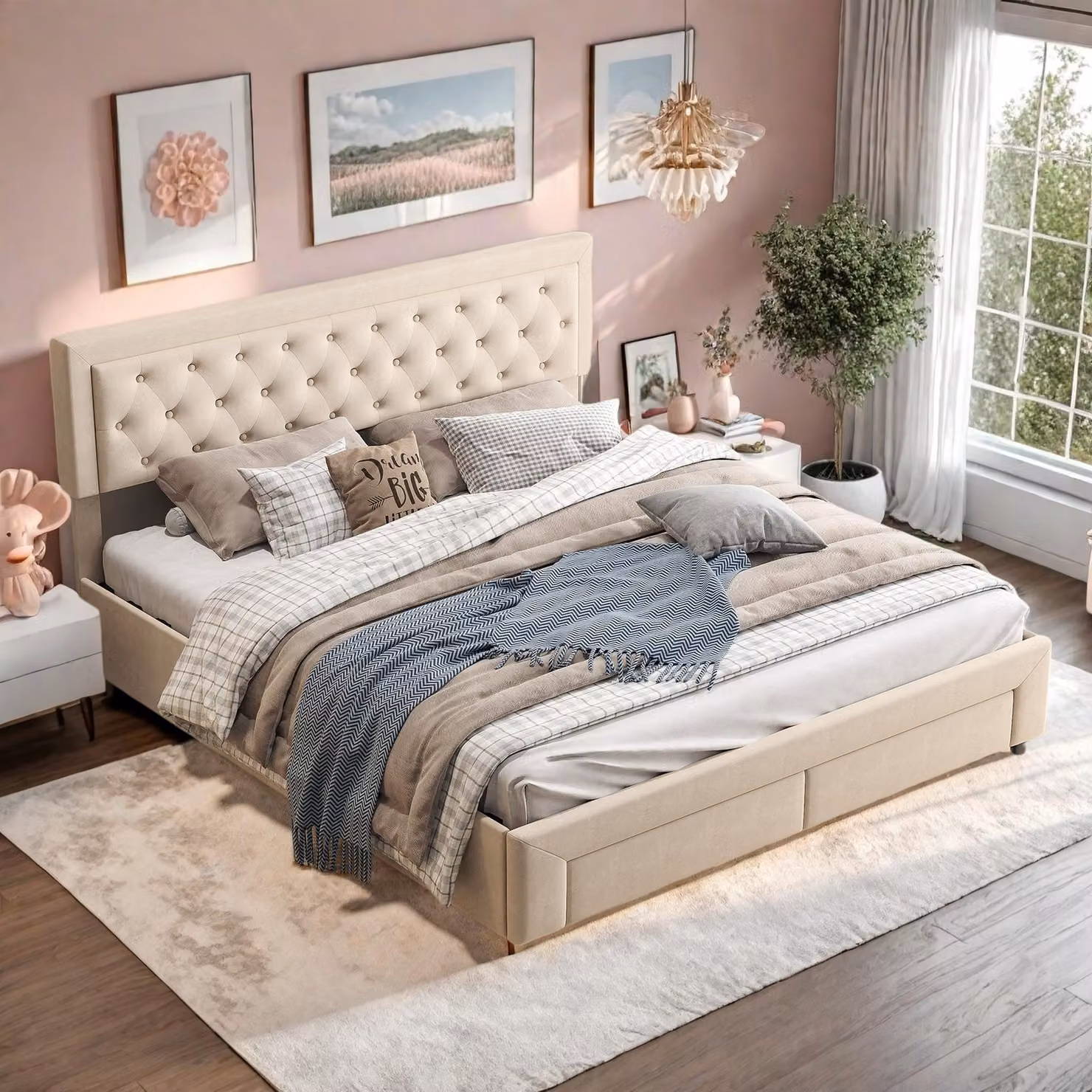 Letto Moonbite con contenitore, color beige, 160x200 cm, rivestito in velluto, con testiera regolabile – LED, USB, rete a doghe