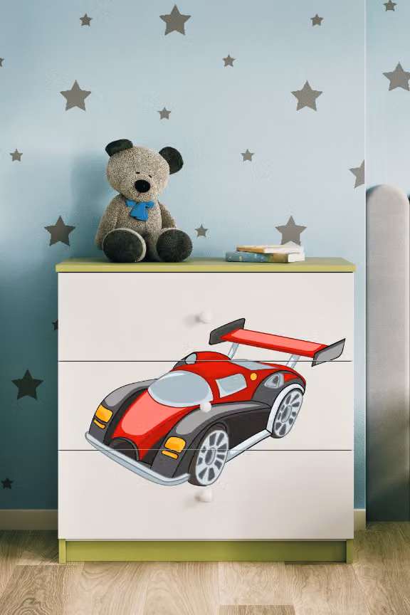 Cassettiera per bambini con cassettiera auto da corsa nel colore verde Babydreams