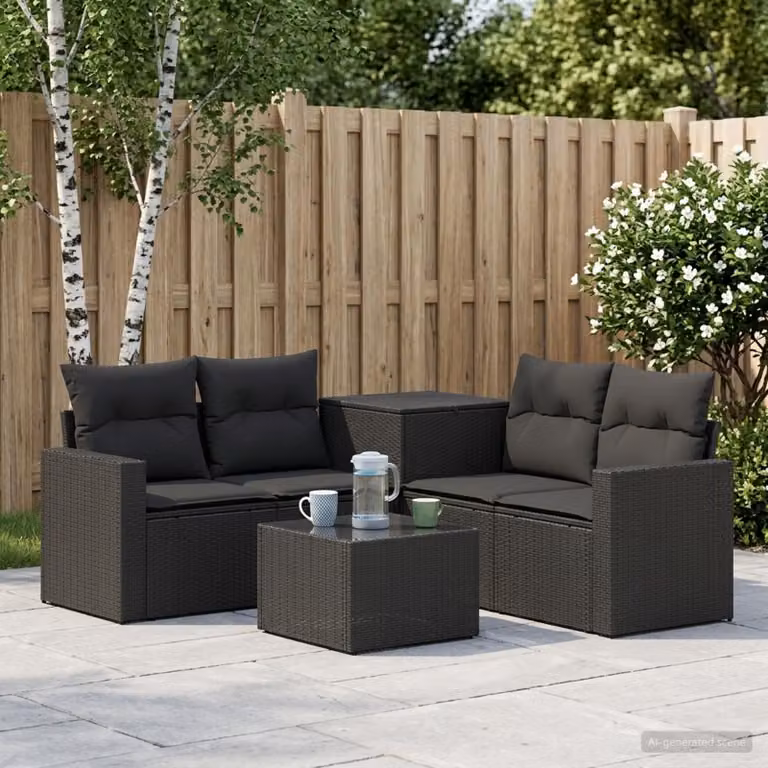 Set di divani da giardino vidaXL a forma di L composto da 6 pezzi in rattan sintetico e metallo nero con cuscini inclusi
