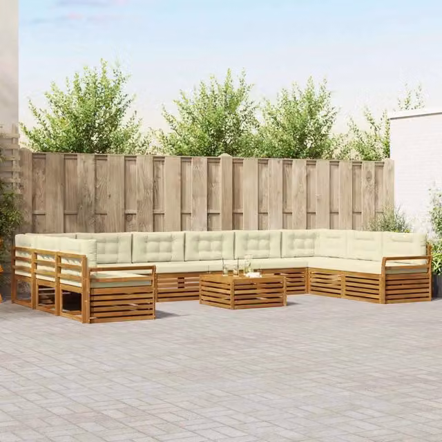 Set di divani da giardino vidaXL in legno di acacia massello con cuscini, 11 pezzi, beige e bianco