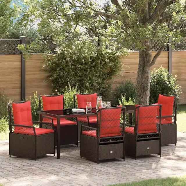 Set da pranzo per giardino e terrazzo vidaXL in polyrattan marrone con tavolo in vetro e 7 pezzi
