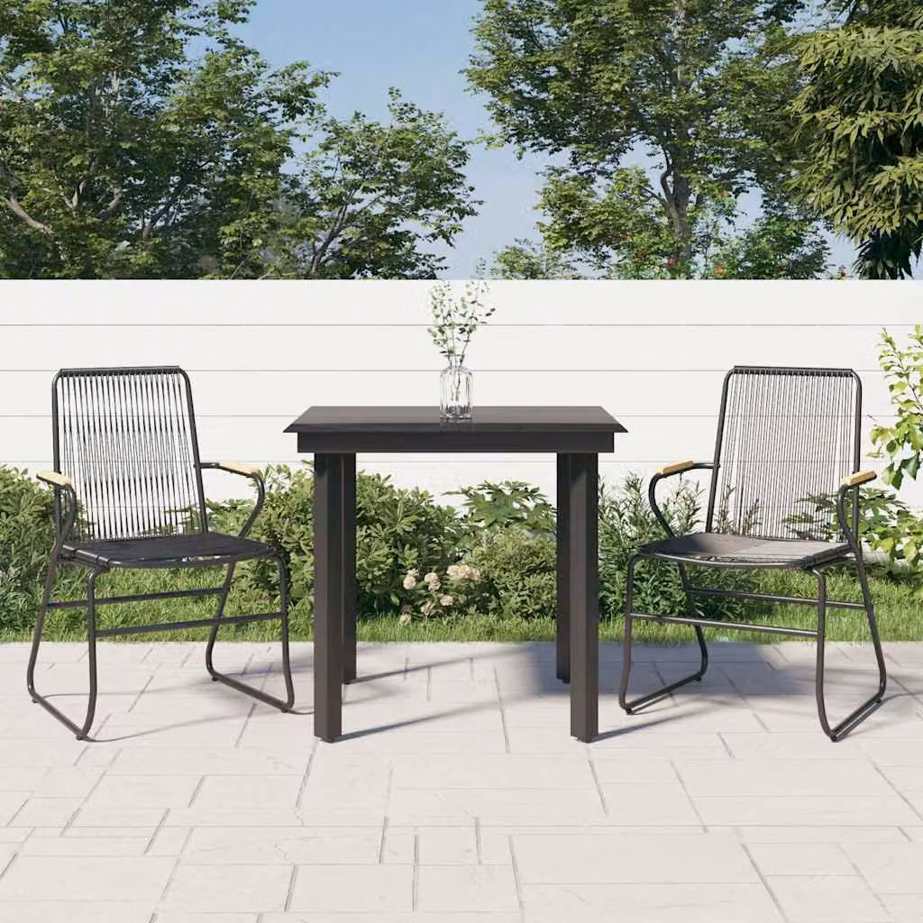 Set da pranzo da giardino vidaXL in 3 pezzi in rattan nero con piano in vetro e dettagli in legno