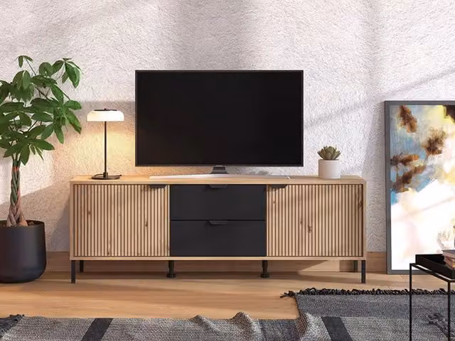 Mobile porta TV DMORA Raiano con 2 cassetti in legno marrone rovere, L 157 cm x P 40 cm x H 54,5 cm – 1