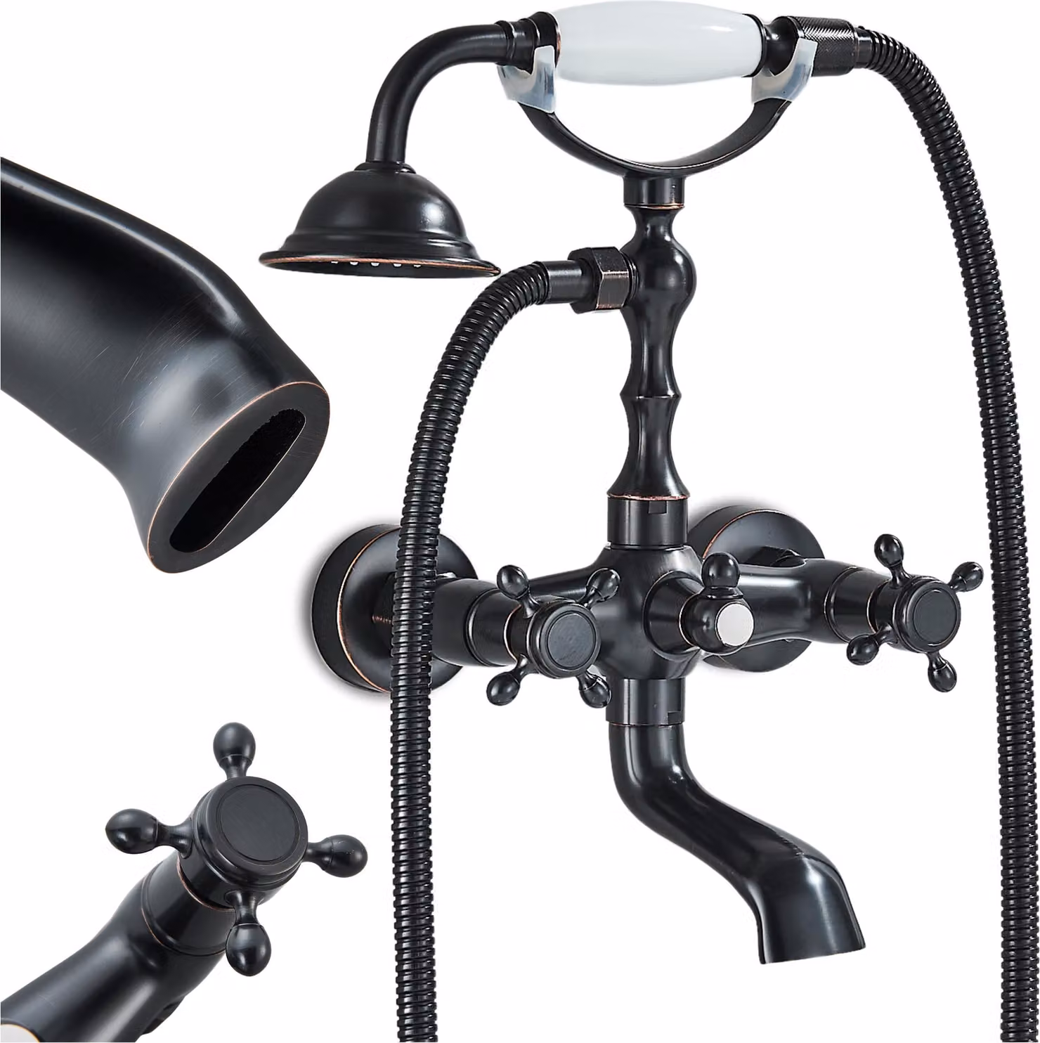 Rubinetto da bagno vasca a parete Ari Retro, beccuccio girevole 180 gradi, cartuccia in Vetroceramica, ottone, nero anticato con doccetta