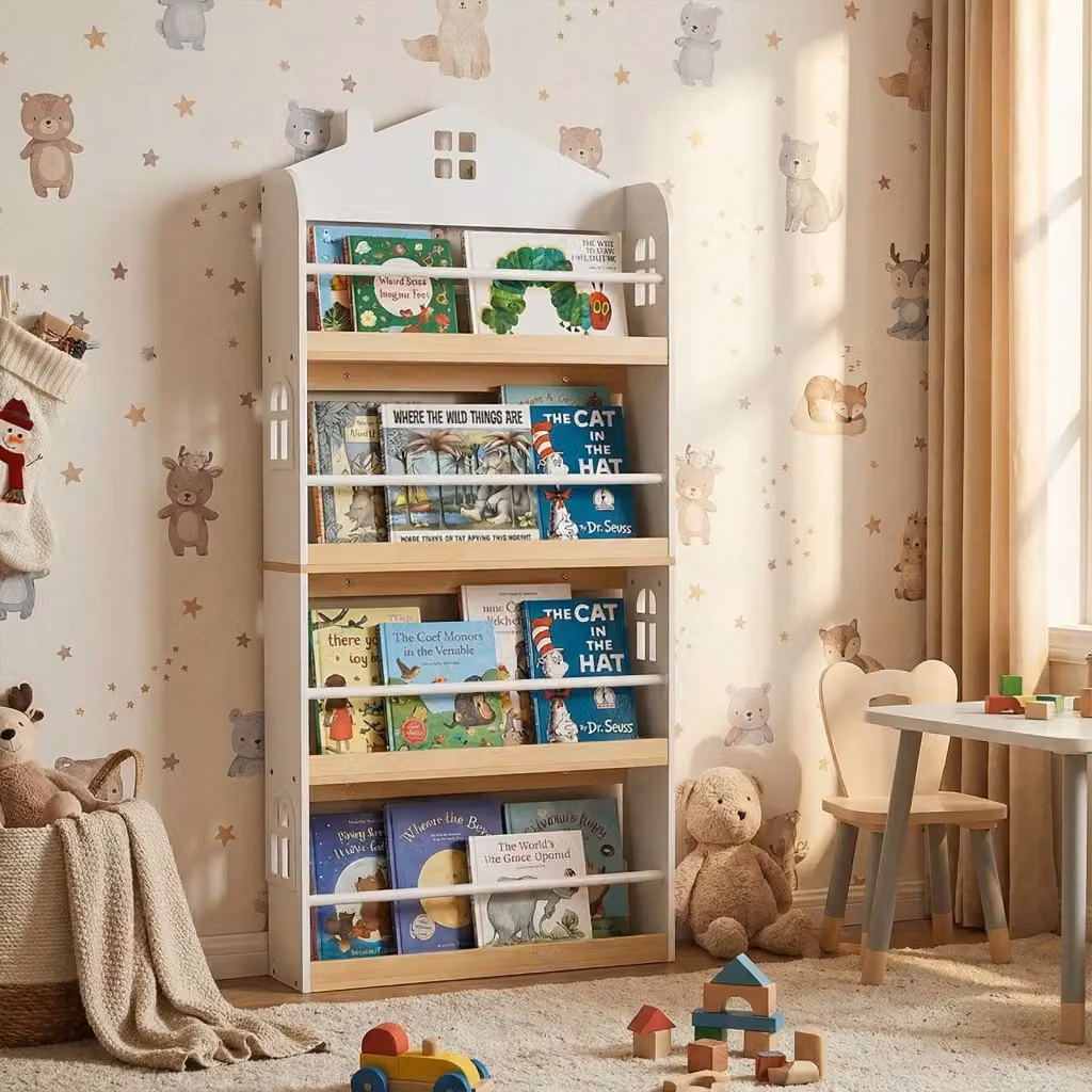 Libreria per bambini a forma di casa DESIGN IN in legno e metallo con 4 livelli, colore bianco, ideale per cameretta o sala giochi – 2
