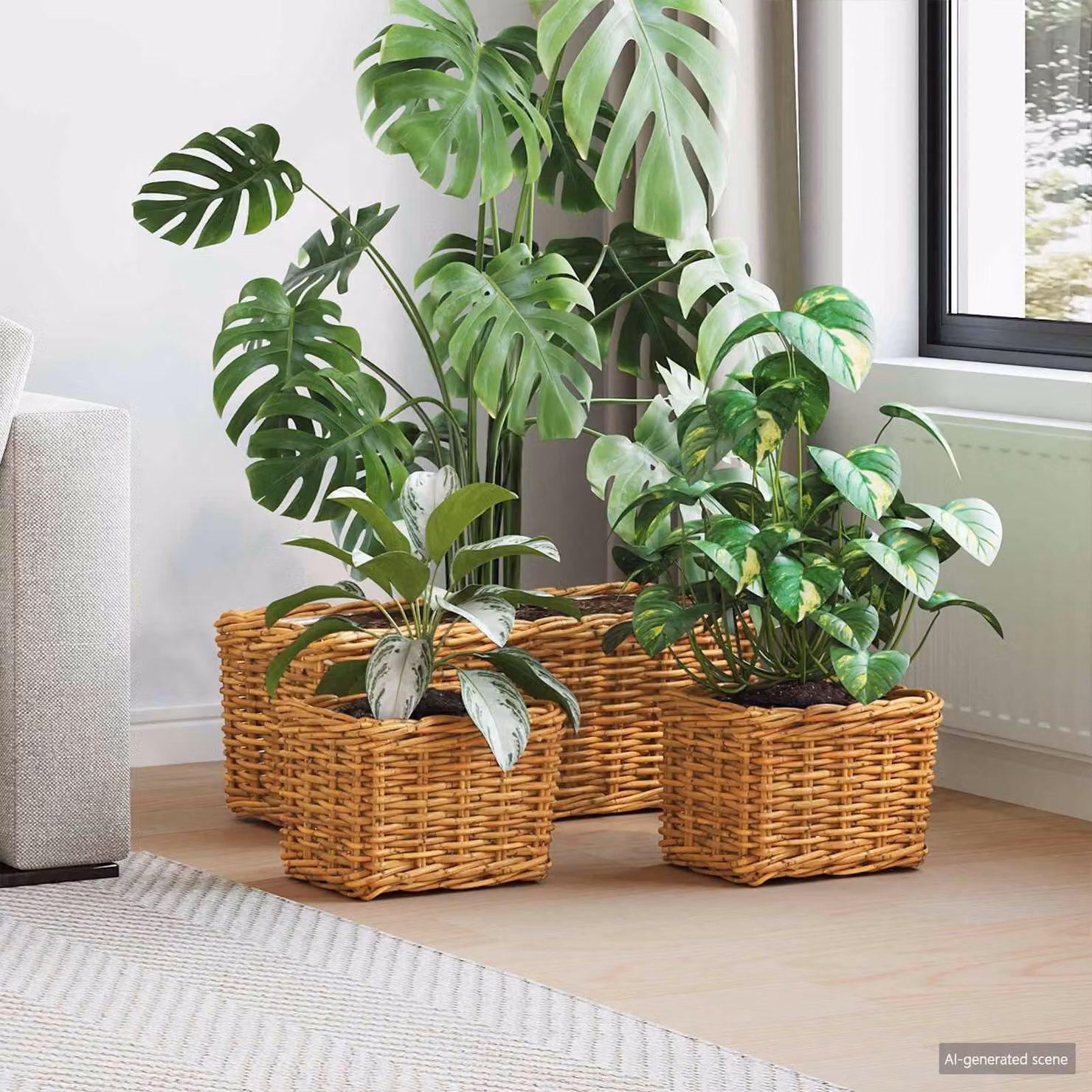 Set di 3 cestini per vasi vidaXL GENDT in rattan color marrone naturale con coperchio