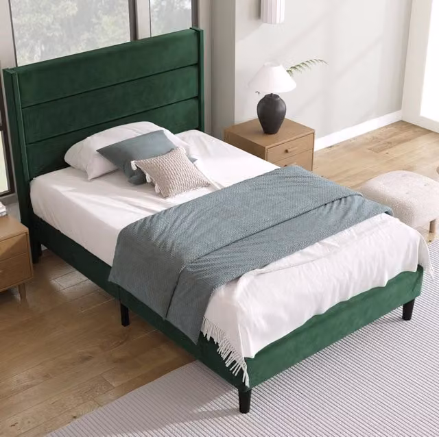 Letto imbottito 90x200 cm in velluto verde con rete a doghe e materasso H3