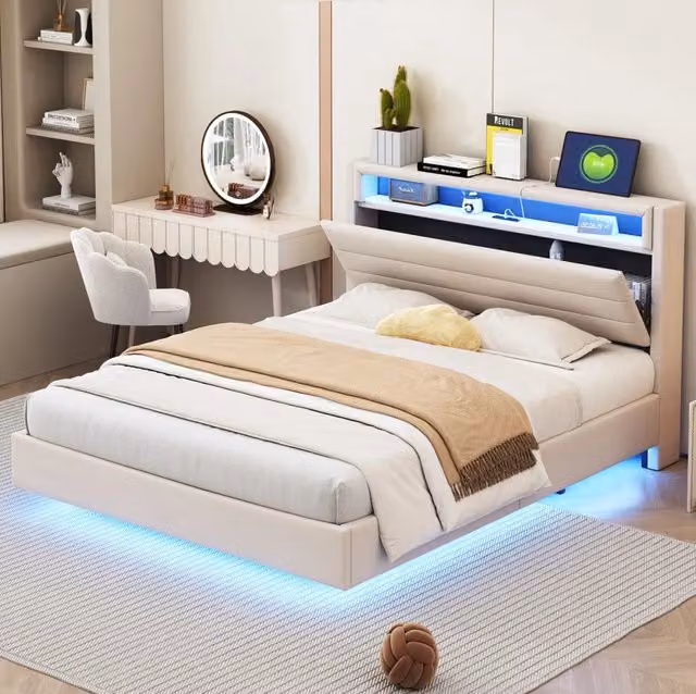 Letto matrimoniale imbottito ULEVR 140x200 cm con presa USB, LED multicolore e testiera ribaltabile, beige