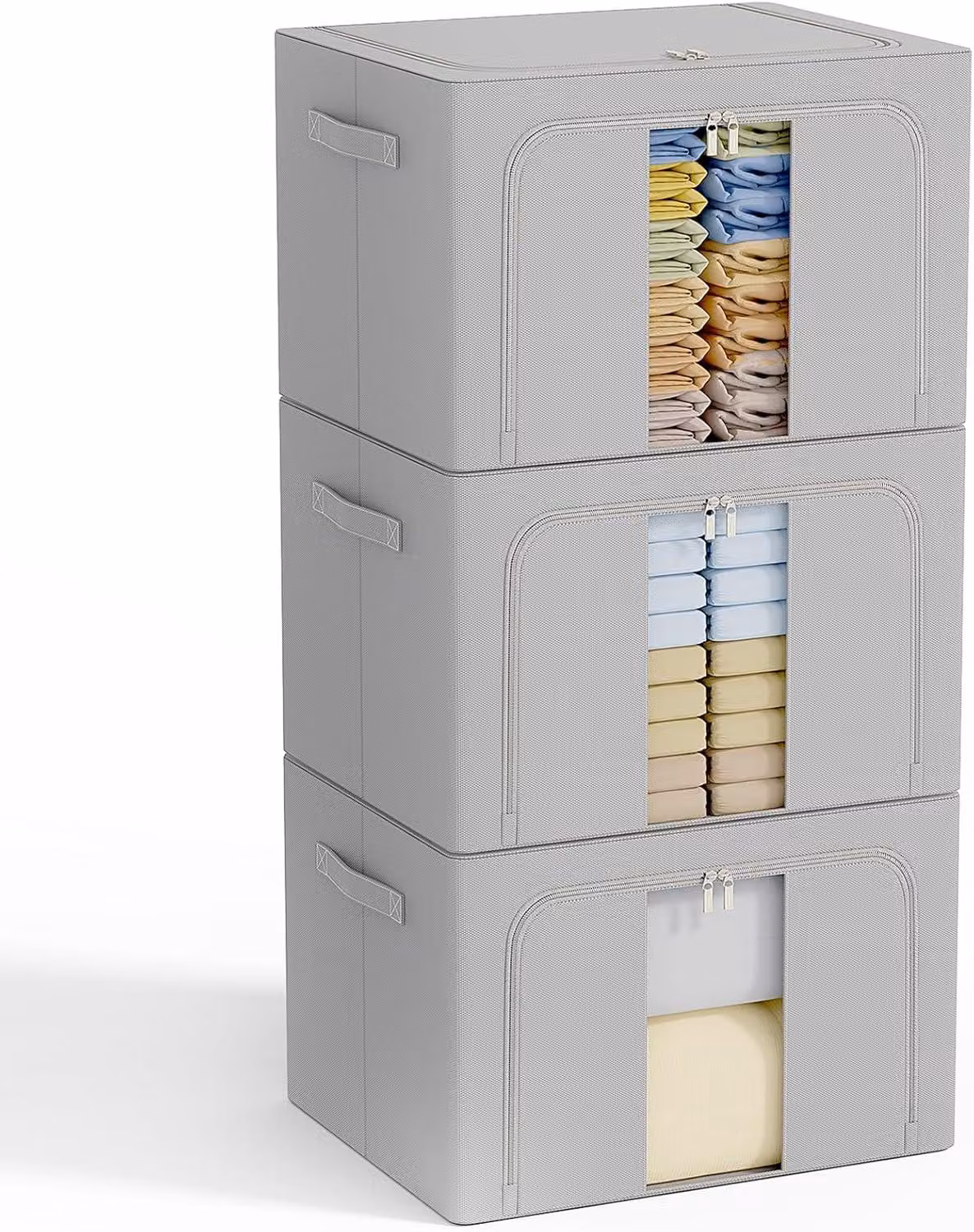 Borsa di stoccaggio con struttura in metallo, capacità 198 litri, confezione da 3 pezzi, impilabile, ideale per abbigliamento, colore grigio