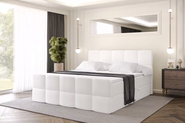 Letto boxspring ALTDECOR con materasso e rete a doghe, topper, letto imbottito con contenitore, letto con spazio contenitivo e materasso H3, letto matrimoniale, letto a cassettoni - LIRO-Z - 140x200 - Ecopelle bianca