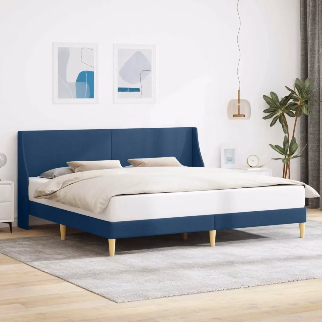 Letto da camera moderno con struttura imbottita e testiera in tessuto blu – 2