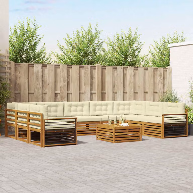Set di divani da esterno vidaXL 10 pezzi a forma di U in legno di acacia con cuscini e tavolino da caffè, Beige e Bianco