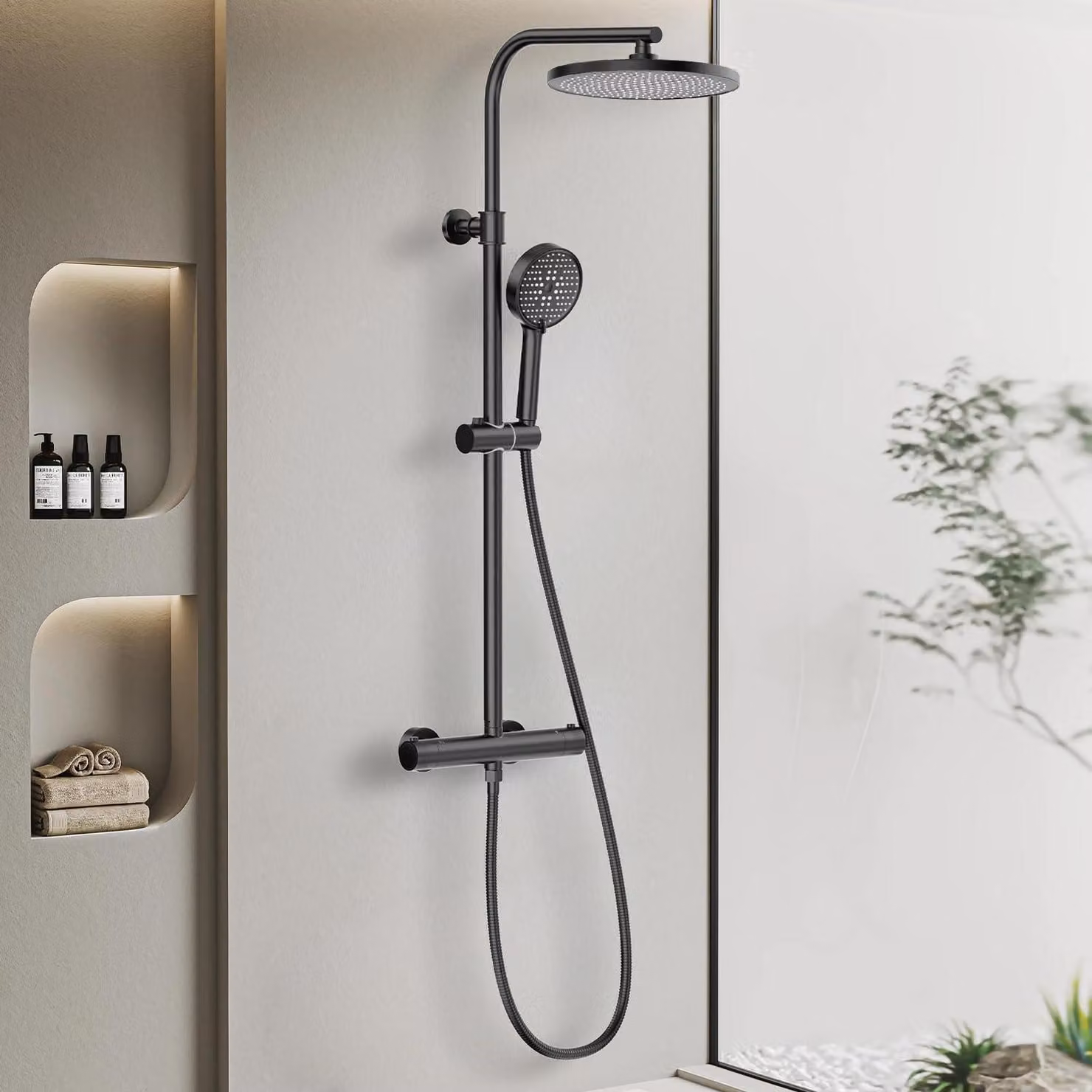 Sistema doccia termostatico nero con doccia a pioggia da 25 cm, soffione a 3 getti, doccetta manuale, altezza regolabile da 79 a 128 cm