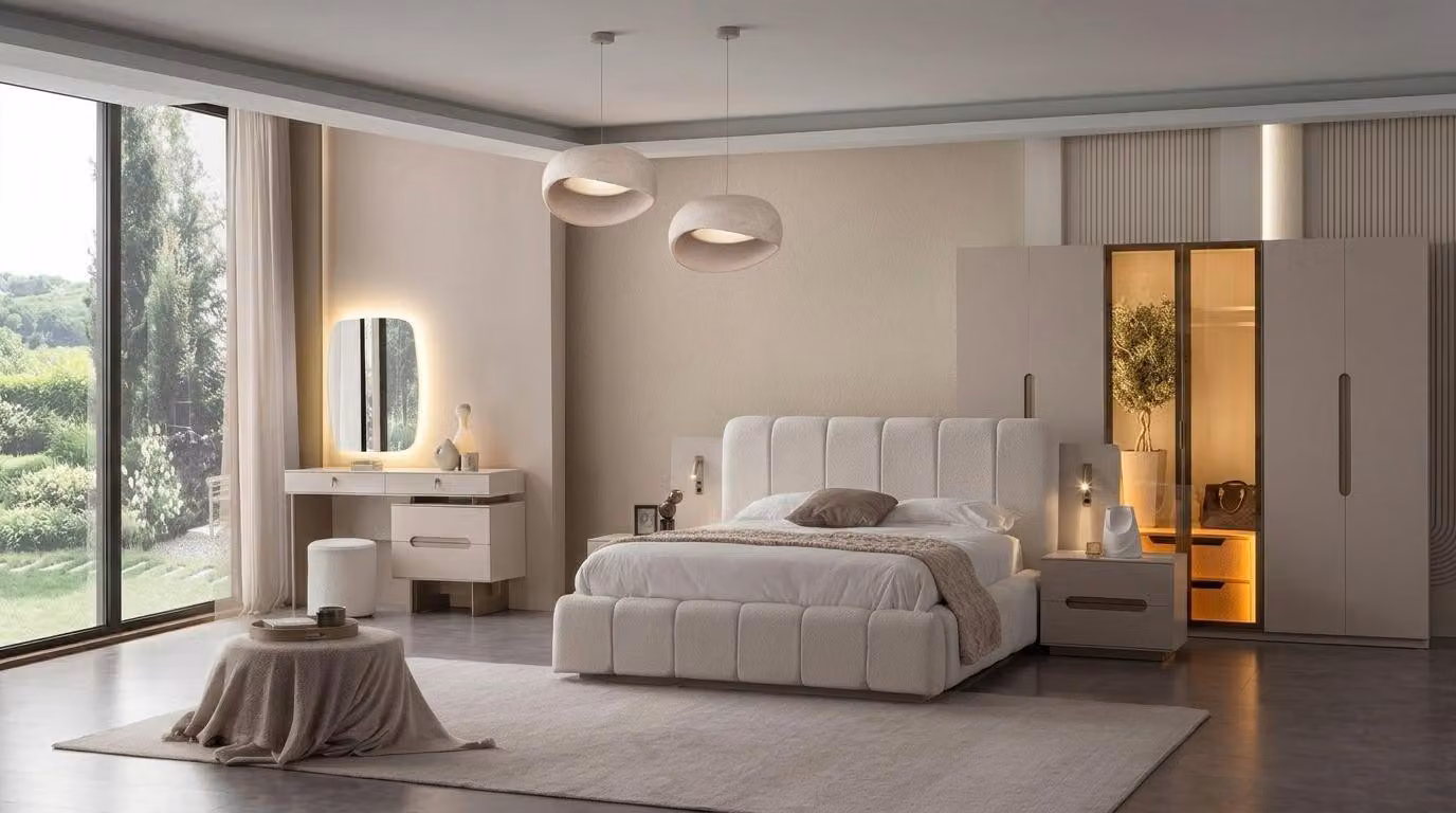 Set per camera da letto: letto, armadio, 2 comodini, cassettiera, specchio, poggiapiedi.