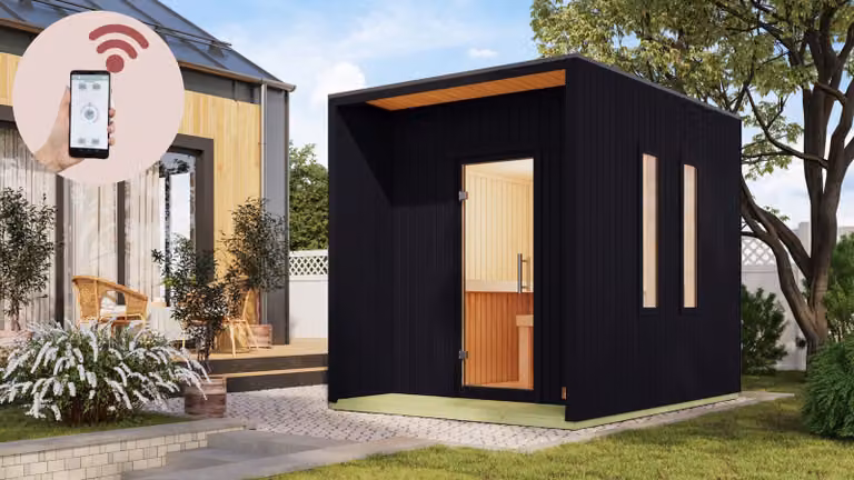 Casa della sauna Karibu sauna all'aperto sauna da giardino sauna all'aperto LAGUNA nero 220 x 288 cm incl. riscaldatore 9kw e unità di controllo HUUM WIFI set economico spessore parete 38mm