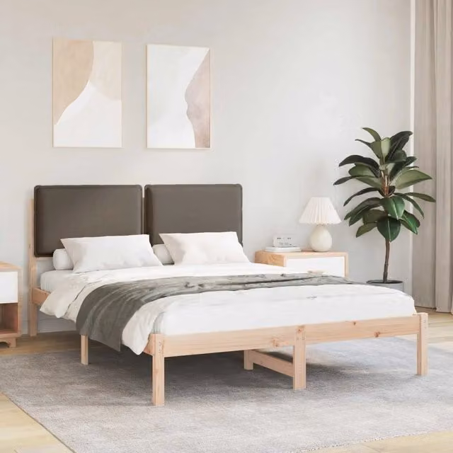 Letto con Testiera Talpa vidaXL in Pino Massello con Rivestimento in Tessuto, L/P/H: 140 x 200 x 84,5 cm, Disponibile in Beige o Grigio