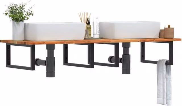 Ripiano a parete per lavabo vidaXL in legno di acacia oliato e metallo nero e marrone