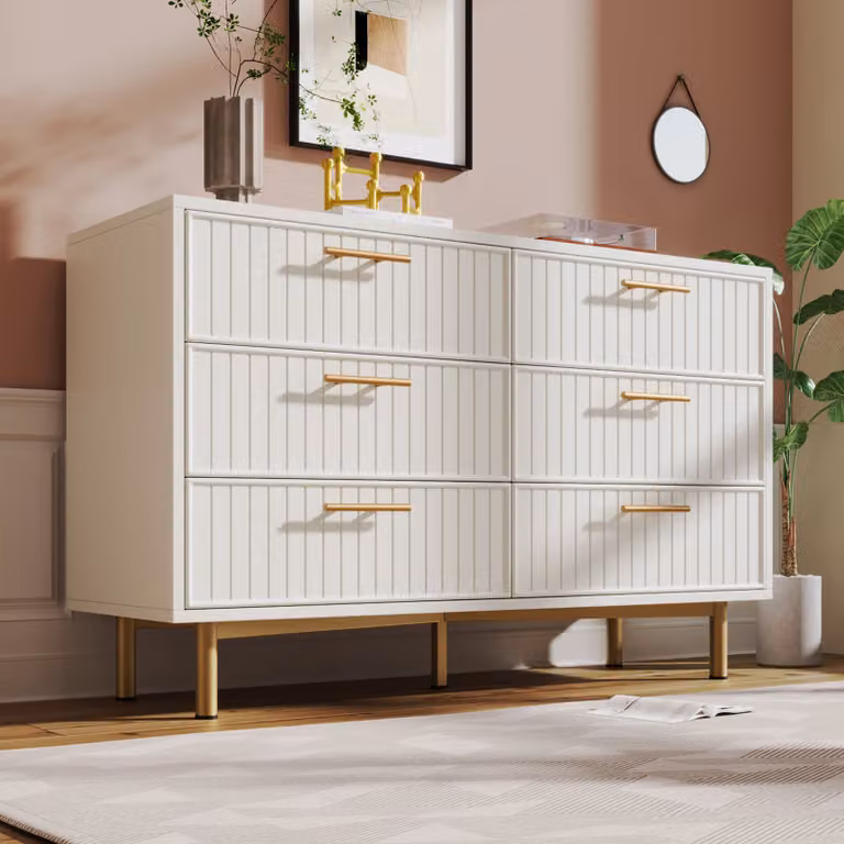 Comodà STILVORA a 6 cassetti, credenza per camera da letto e tutti gli ambienti della casa, mobile ausiliario regolabile in altezza con base e gambe in metallo, bianco