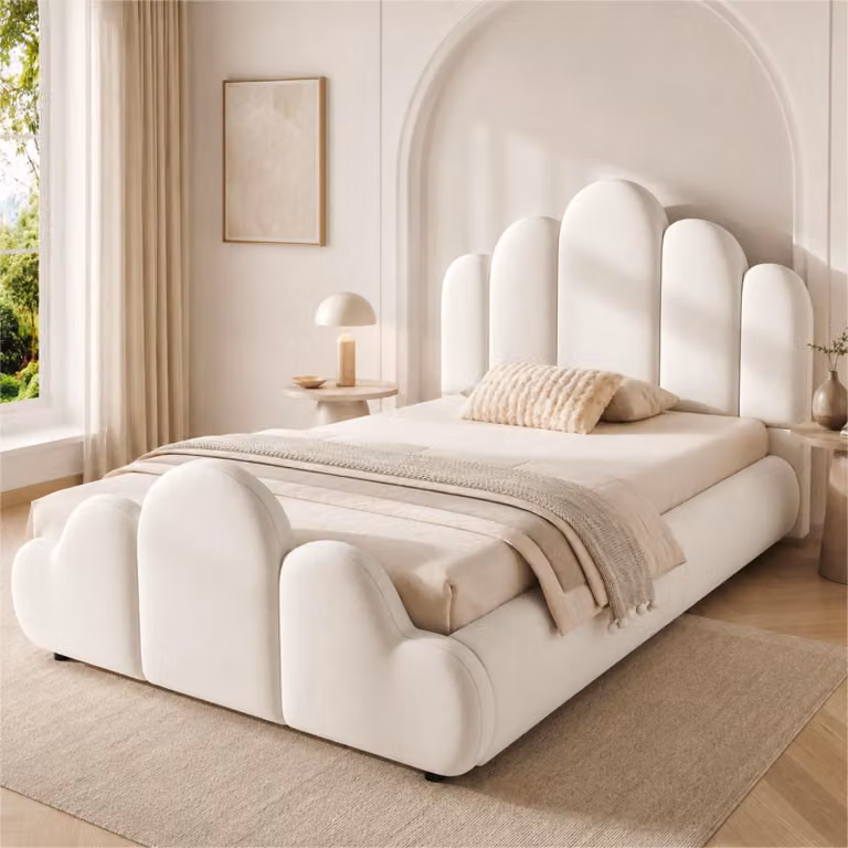 Letto imbottito 90x200 cm con testiera imbottita, letto per ragazzi/bambini con rete a doghe, letto singolo in legno con rivestimento in velluto, color beige