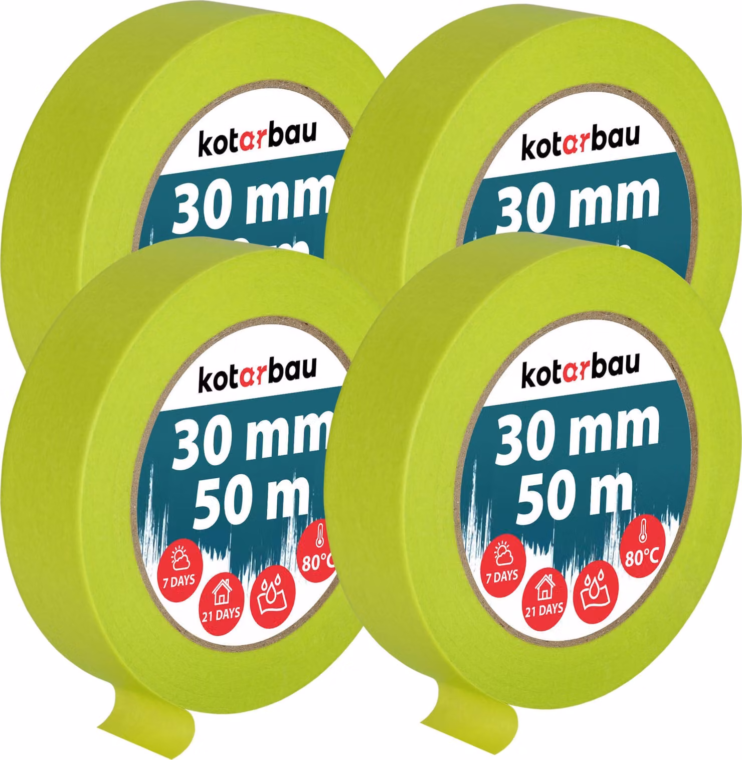 KOTARBAU® Set di 4 nastri per mascheratura al neon Nastro per mascheratura da 50 m Nastro per mascheratura da 30 mm Nastro per pittori Accessori per pittori Carta crespa verde fluorescente Articoli per la pittura