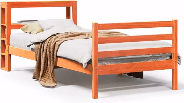 Letto singolo per adulti in legno di pino rustico color marrone cera con ripiani laterali e doghe composite L/P/H: 190 x 75 x 82 cm