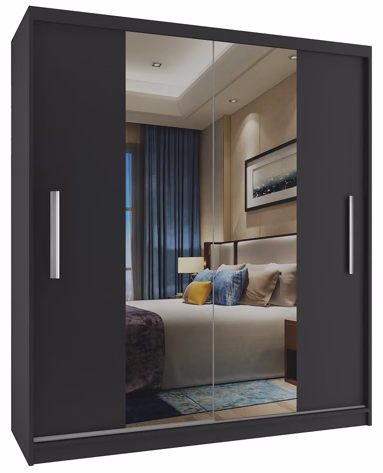 BELINI Verona, armadio scorrevole da 133 cm, nero opaco - armadio con specchio e asta appendiabiti, ideale per la camera da letto